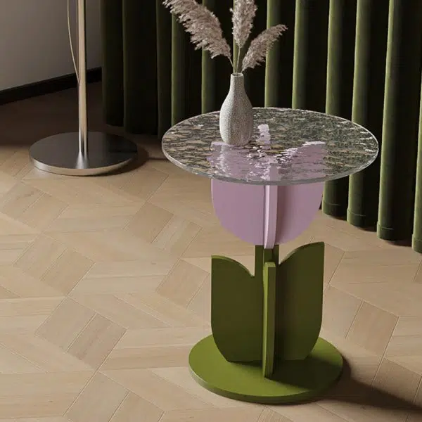 Contemporary Creative Petal Round Tabletop Pine Glass Side Table For Living Room - Image 9