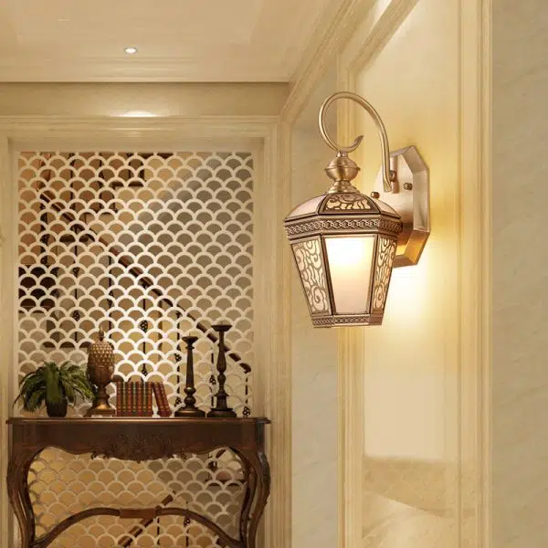 European Modern Hexagonal Lantern Copper Glass Waterproof 1-Light Outdoor Wall Sconce Lamp - Image 16