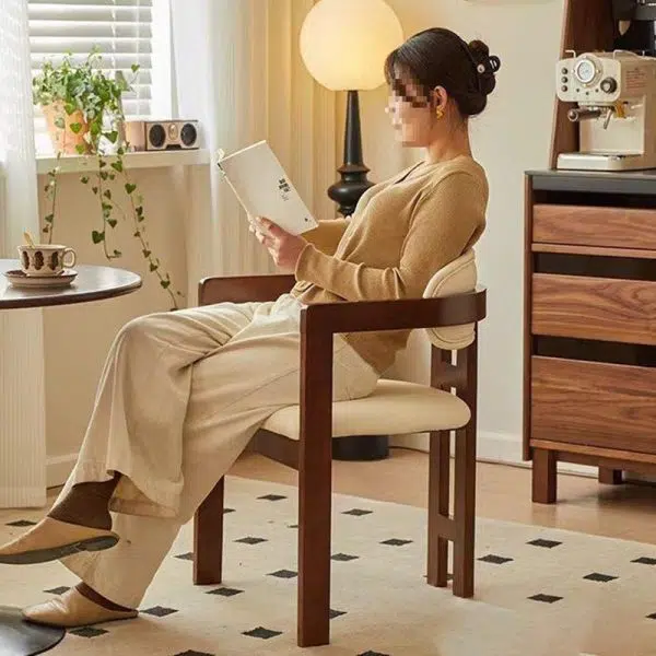 Contemporary Scandinavian Bent Square Leather Wood Dining Chair Backrest Arm For Dining Room - Image 12