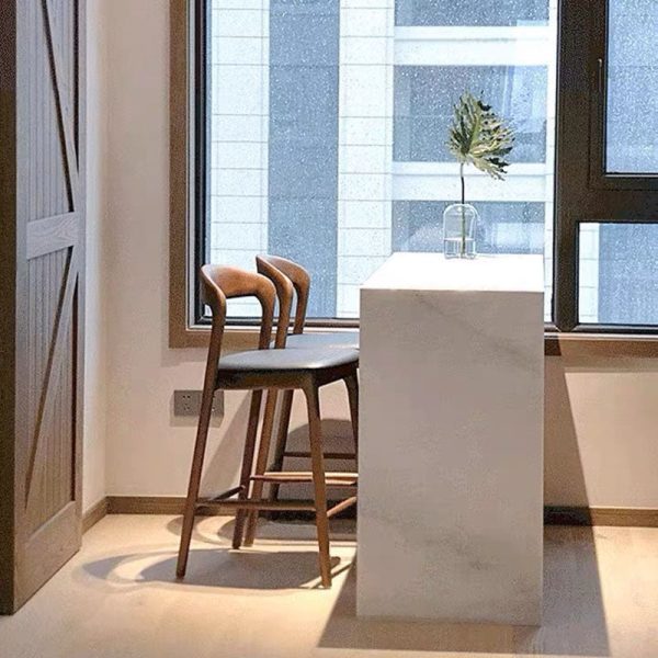 Contemporary Retro Square Solid Wood Frame Leather Upholstered Bar Stool Low Back Footrest For Dining Room - Image 2