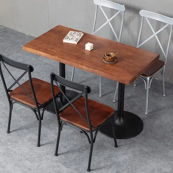 Contemporary Industrial Leather Wood Iron Square X Shape Back Dining Chair & Table Set For Dining Room - Image 17