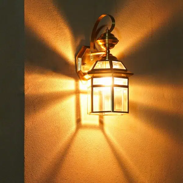 European Outdoor Hexagonal Cage Glass Copper 1-Light Waterproof Wall Sconce Lamp - Image 4