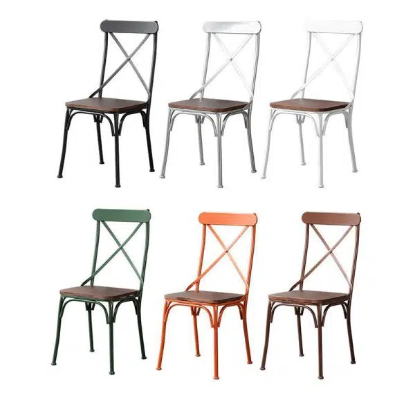 Contemporary Industrial Leather Wood Iron Square X Shape Back Dining Chair & Table Set For Dining Room - Image 20