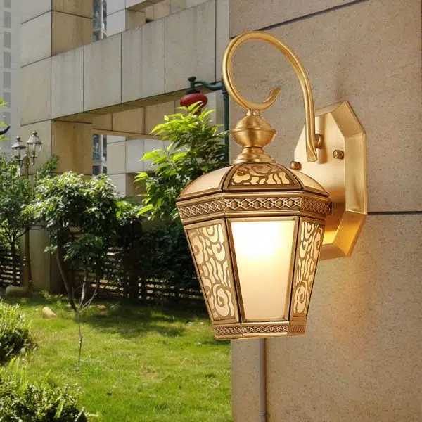 European Modern Hexagonal Lantern Copper Glass Waterproof 1-Light Outdoor Wall Sconce Lamp - Image 14