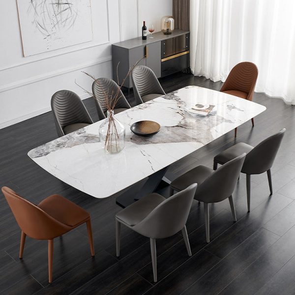 Contemporary Nordic Rectangular Arched Striped Backrest Leather Carbon Steel Dining Chair For Dining Room - Image 13