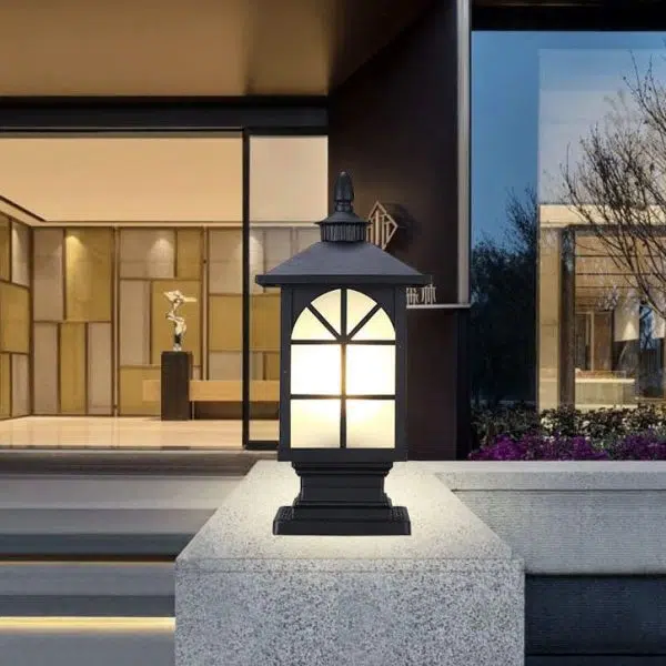 Outdoor Chinese Frosted Glass Aluminum Square Cage Post Head 1-Light Waterproof Patio Landscape Light - Image 6