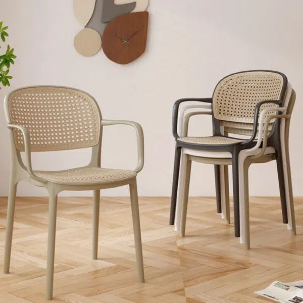 Contemporary Nordic Square Rattan Plastic Dining Chair Backrest Armrest For Dining Room - Image 3