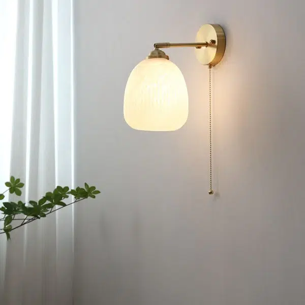 Nordic Striped Milk White Glass Brass 1-Light Pull Cord Wall Sconce Lamp - Image 2