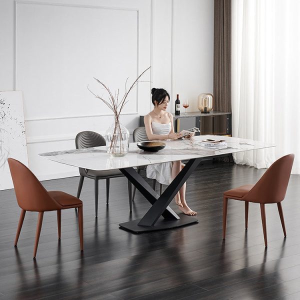 Contemporary Nordic Rectangular Arched Striped Backrest Leather Carbon Steel Dining Chair For Dining Room - Image 14