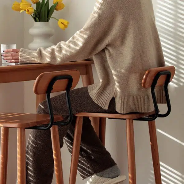 Contemporary Nordic Square Wood Iron Bar Stool Backrest Footrest For Dining Room - Image 12