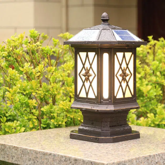 08-16fb89bb-10c2-4e94-8501-c0d5cff2ad79.jpg Solar European Hexagon Cage Column LED Outdoor Patio Post Head Landscape Light - Image 1