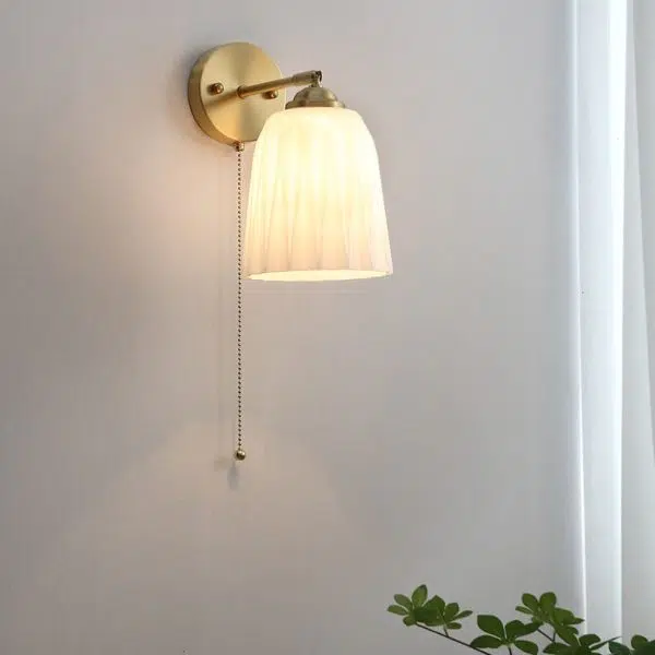 Nordic Striped Milk White Glass Brass 1-Light Pull Cord Wall Sconce Lamp - Image 3