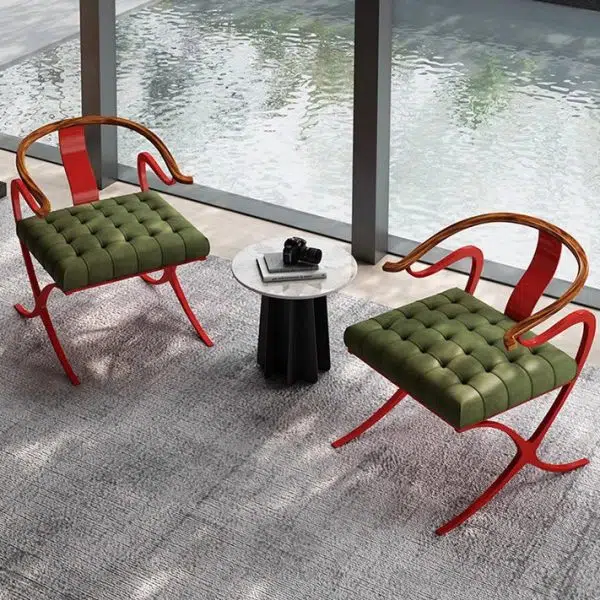 Contemporary Retro Curved Wood Leather Chair Backrest Armrest For Living Room - Image 8