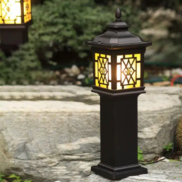 Traditional Chinese Waterproof Palace Roof Rectangular Pillar Aluminum Glass 1-Light Outdoor Lawn Landscape Light For Garden - Image 15