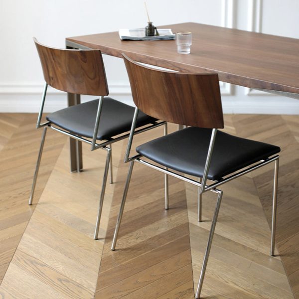 Contemporary Nordic Rectangular Curved Backrest Wood Leather Dining Chair For Dining Room - Image 16