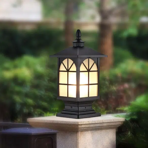 Outdoor Chinese Frosted Glass Aluminum Square Cage Post Head 1-Light Waterproof Patio Landscape Light - Image 2