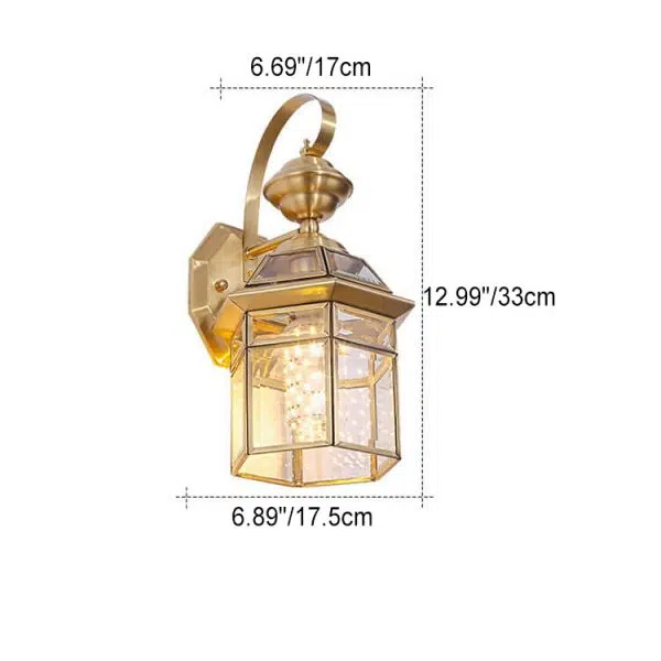 European Outdoor Hexagonal Cage Glass Copper 1-Light Waterproof Wall Sconce Lamp - Image 7