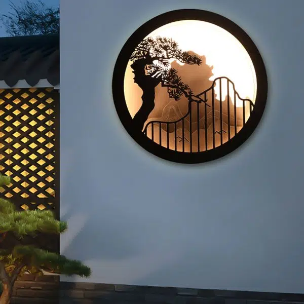Modern Chinese Landscape Pine Zen Round LED Outdoor Wall Sconce Lamp - Image 2