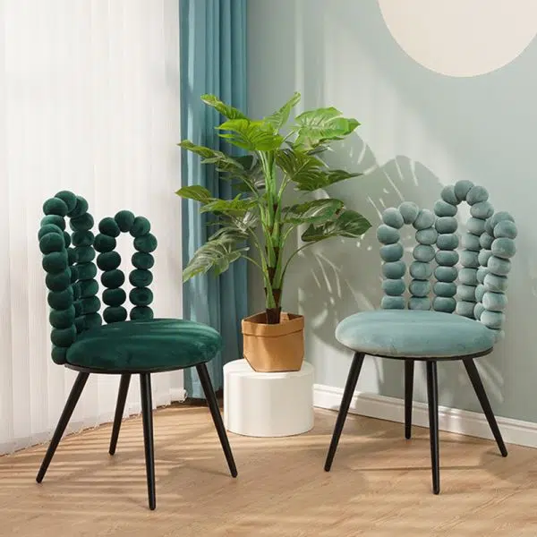 Contemporary Creative Trapezoidal Round Upholstered Bead String Backrest Velvet Carbon Steel Vanity Stool For Bedroom - Image 3