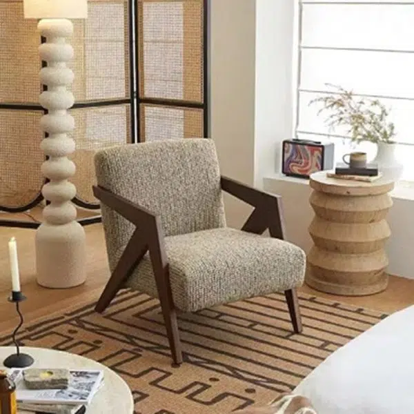 Contemporary Nordic Square Upholstered Cotton Linen Fabric Solid Wood Accent Chair Backrest Armrest For Living Room - Image 3