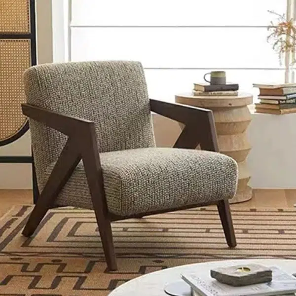 Contemporary Nordic Square Upholstered Cotton Linen Fabric Solid Wood Accent Chair Backrest Armrest For Living Room - Image 2