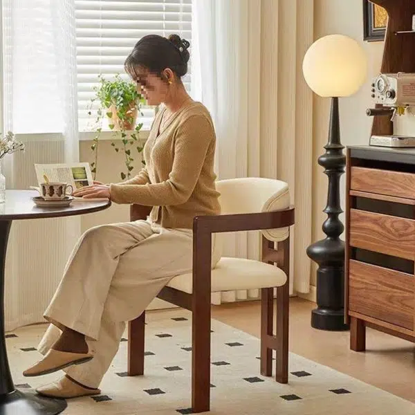 Contemporary Scandinavian Bent Square Leather Wood Dining Chair Backrest Arm For Dining Room - Image 13