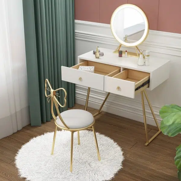 Contemporary Creative Bow Round Upholstered Velvet Metal Vanity Stool Backrest For Bedroom - Image 10