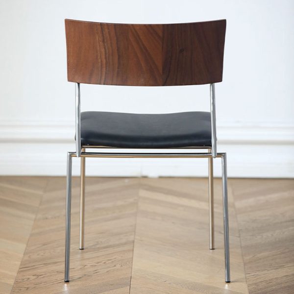 Contemporary Nordic Rectangular Curved Backrest Wood Leather Dining Chair For Dining Room - Image 7