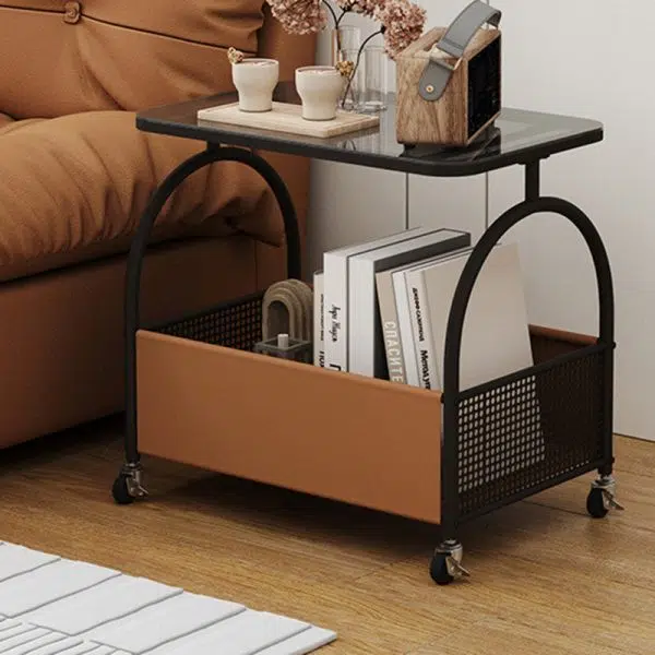 Contemporary Luxury Rectangular Glass Iron Leather End Table 2-Tier For Living Room - Image 13