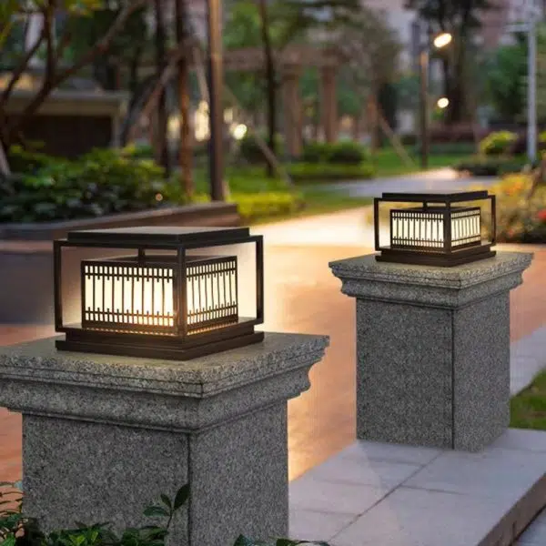 Traditional Chinese Square Stainless Steel Glass 1-Light Post Head Light For Garden - Image 15