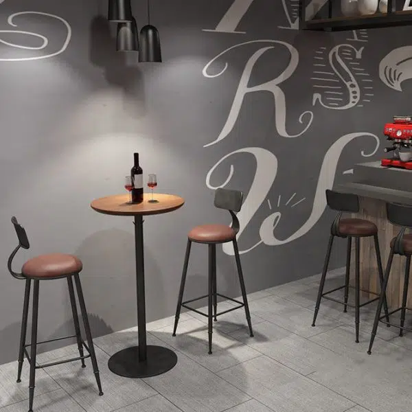 Contemporary Industrial Round Faux Leather Upholstered Bar Stool Backrest Footrest For Dining Room - Image 13