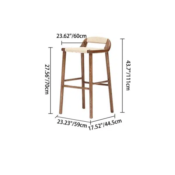 Contemporary Retro Square Kraft Paper Rope Weaving Solid Wood Bar Stool Low Back Footrest For Dining Room - Image 4