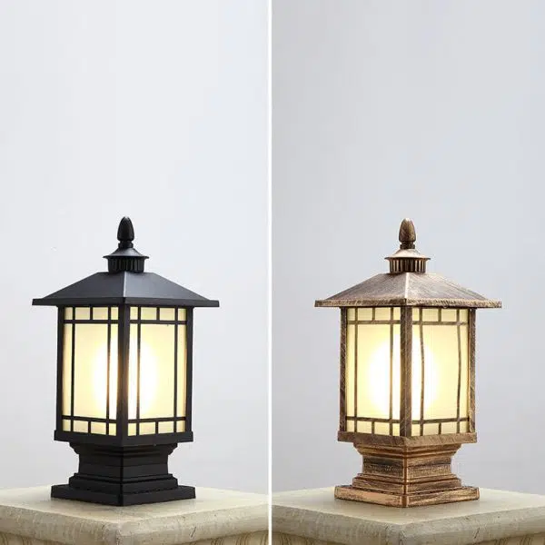 Outdoor Chinese Frosted Glass Aluminum Square Cage Post Head 1-Light Waterproof Patio Landscape Light - Image 10