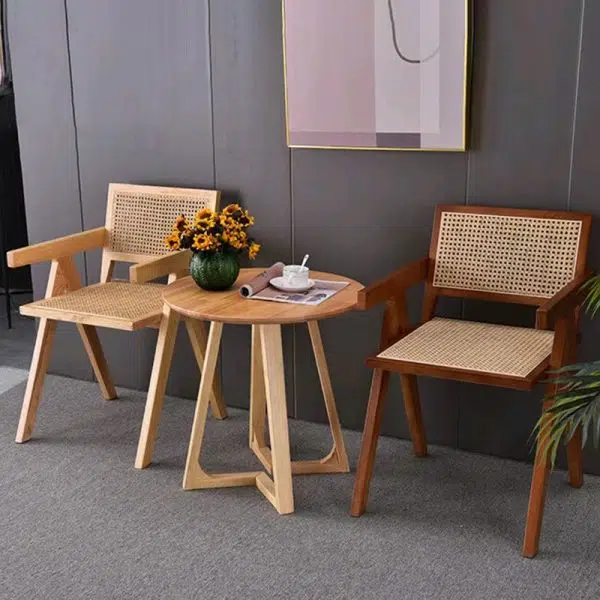 Contemporary Scandinavian Rectangular Wood Rattan Chair Backrest Armrest For Living Room - Image 19