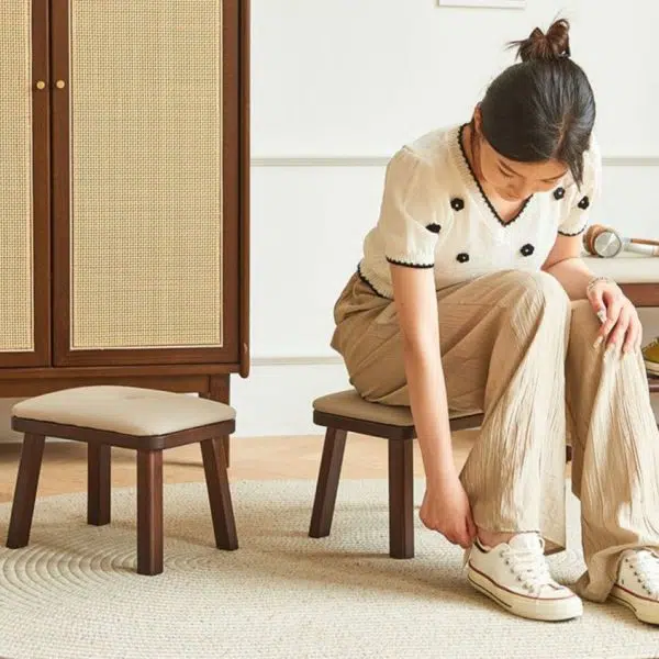 Modern Minimalist Square PU Leather Solid Wood Chair Backless Armless For Living Room - Image 10