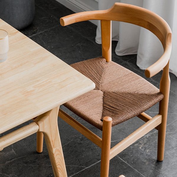 Contemporary Nordic Square Wood Rope Dining Chair Backrest Armrest For Dining Room - Image 2