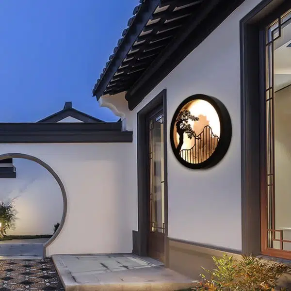 Modern Chinese Landscape Pine Zen Round LED Outdoor Wall Sconce Lamp - Image 15