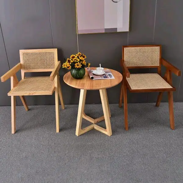 Contemporary Scandinavian Rectangular Wood Rattan Chair Backrest Armrest For Living Room - Image 20