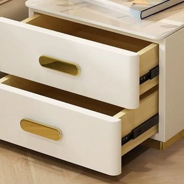 Contemporary Luxury Rectangular Rock Slab Solid Wood Leather Nightstand 2-Drawer For Bedroom - Image 12