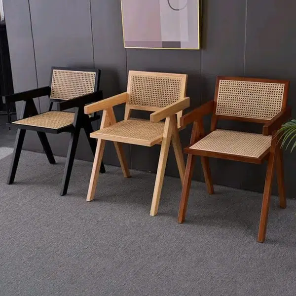 Contemporary Scandinavian Rectangular Wood Rattan Chair Backrest Armrest For Living Room - Image 13