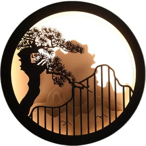 Modern Chinese Landscape Pine Zen Round LED Outdoor Wall Sconce Lamp - Image 10