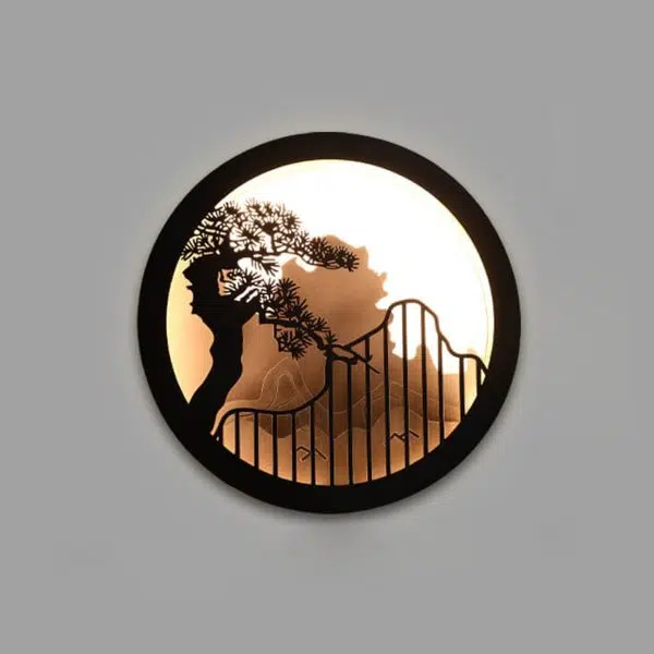 Modern Chinese Landscape Pine Zen Round LED Outdoor Wall Sconce Lamp - Image 16