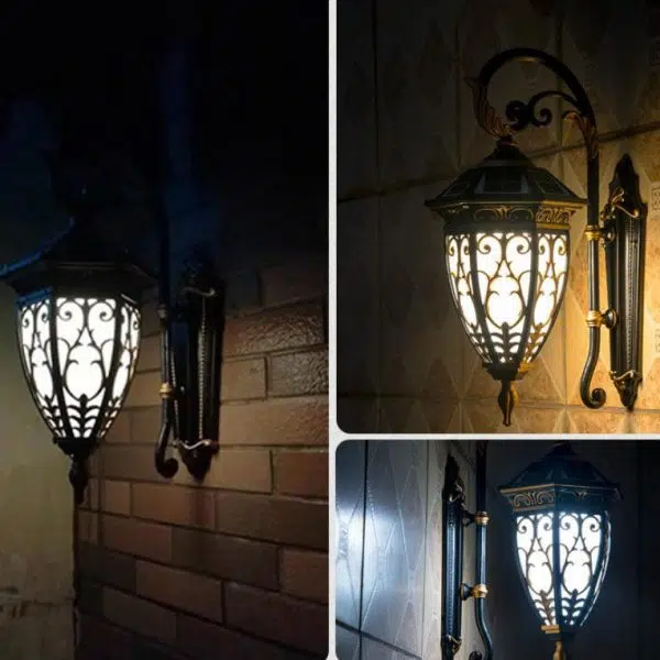 European Retro Solar Carved Lantern Aluminum Glass LED Outdoor Waterproof Wall Sconce Lamp - Image 4