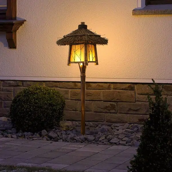 Traditional Rustic Four Corner House Bamboo Steel LED Outdoor Landscape Light For Garden - Image 2