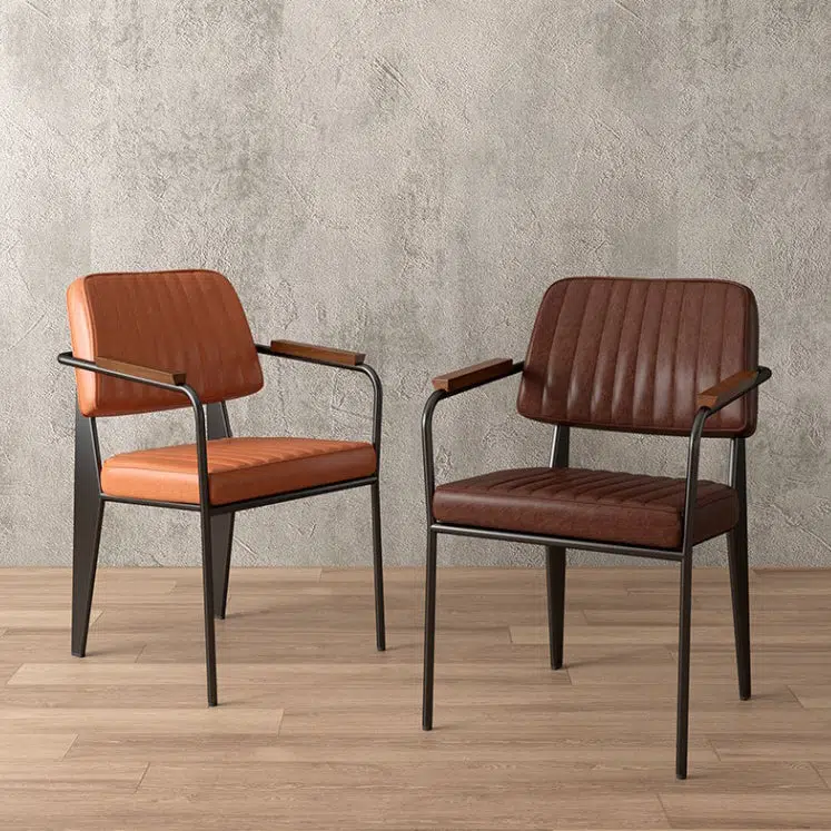 20240815163129-1-7ed37f62-3c4f-4f7f-b497-a5dc826e2b16.jpg Contemporary Industrial Leather Metal Sponge Wood Square Vertical Stripe Dining Chair Backrest Armrest For Dining Room - Image 1