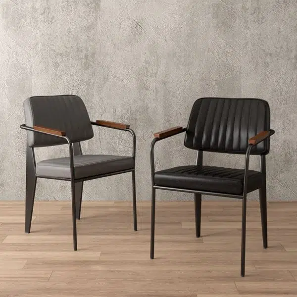 Contemporary Industrial Leather Metal Sponge Wood Square Vertical Stripe Dining Chair Backrest Armrest For Dining Room - Image 2