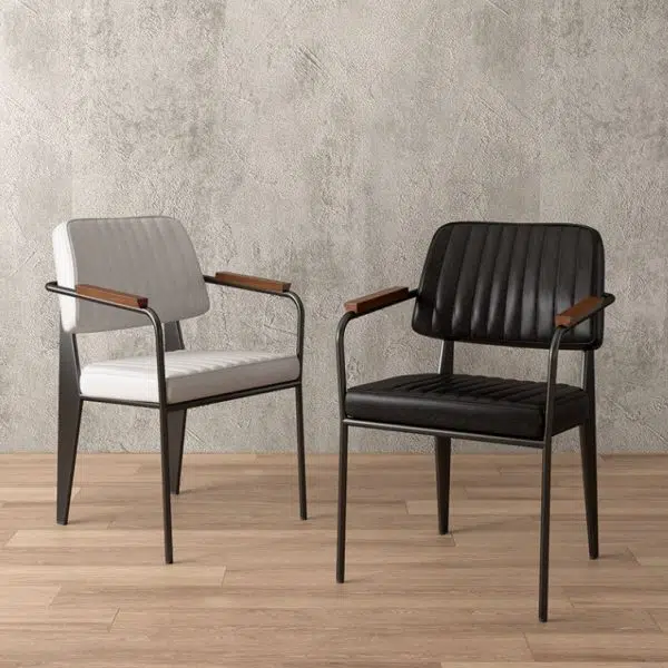 Contemporary Industrial Leather Metal Sponge Wood Square Vertical Stripe Dining Chair Backrest Armrest For Dining Room - Image 3