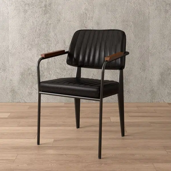 Contemporary Industrial Leather Metal Sponge Wood Square Vertical Stripe Dining Chair Backrest Armrest For Dining Room - Image 13
