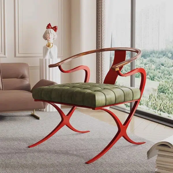 Contemporary Retro Curved Wood Leather Chair Backrest Armrest For Living Room - Image 13