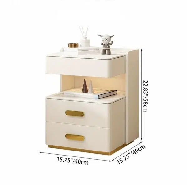 Contemporary Luxury Rectangular Rock Slab Solid Wood Leather Nightstand 2-Drawer For Bedroom - Image 4